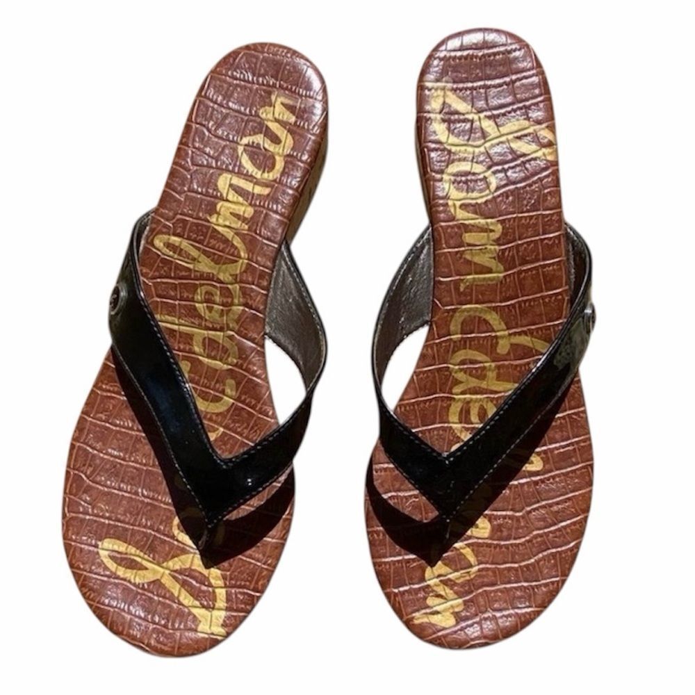 Sam Edelman Tanya Faux Patent Leather Cork Wedge Flip Flops Black 7.5M ECU